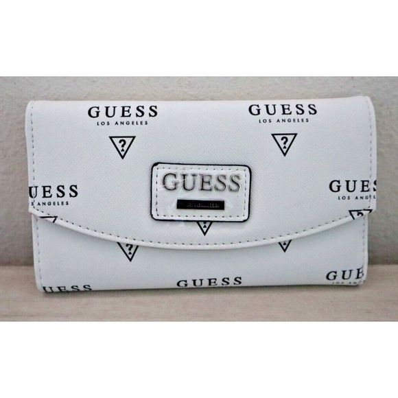 Guess SV785551 White Logo Print Meade SLG Faux Leather Flap Clutch Wallet - Picture 1 of 5